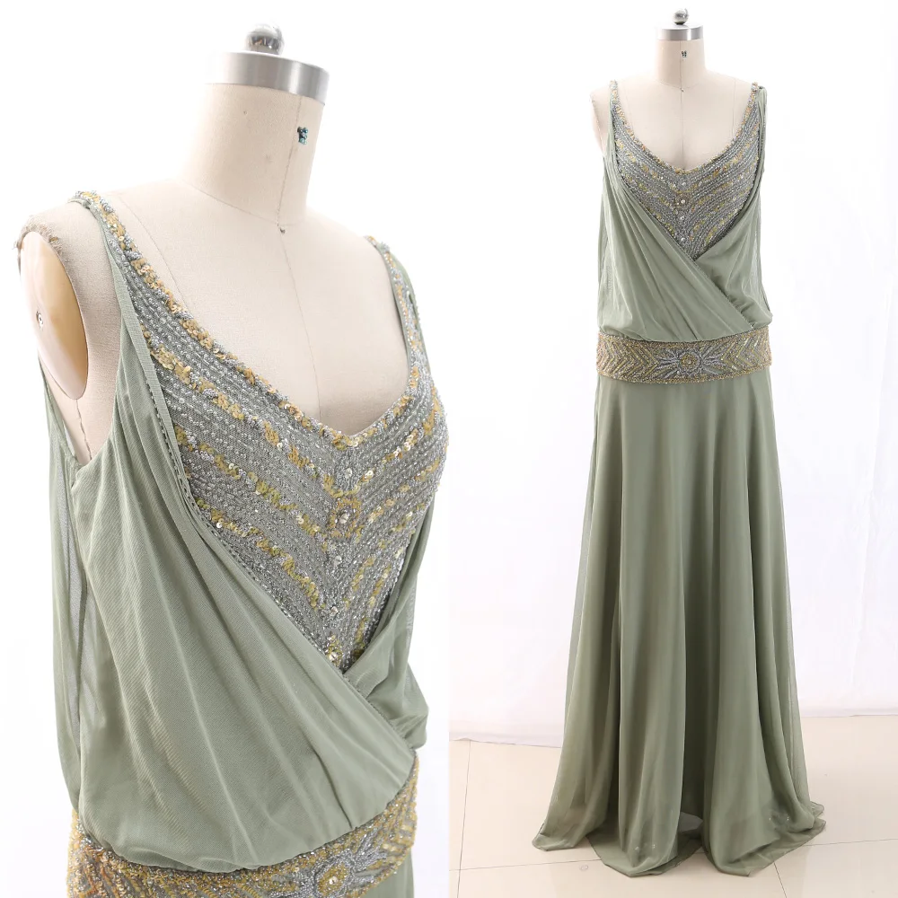 

MACloth Olive Green A-Line V Neck Floor-Length Long Crystal Tulle Prom Dresses Dress M 266285 Clearance