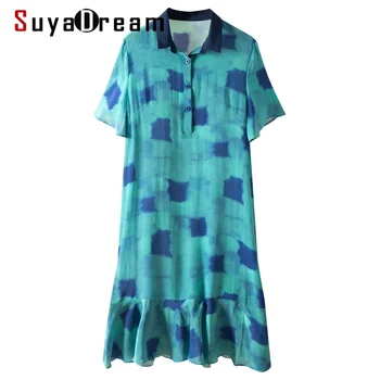 

SD Women MINI Dress 100%Silk Crepe Printed A line Short Sleeved Silk Dresses 2020 Spring Summer New