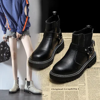 

Female Martin Boots 2020 New Autumn Winter Ins Punk Fashion Buckle Design Short Boots Wild British Style Casual Platform Shoes