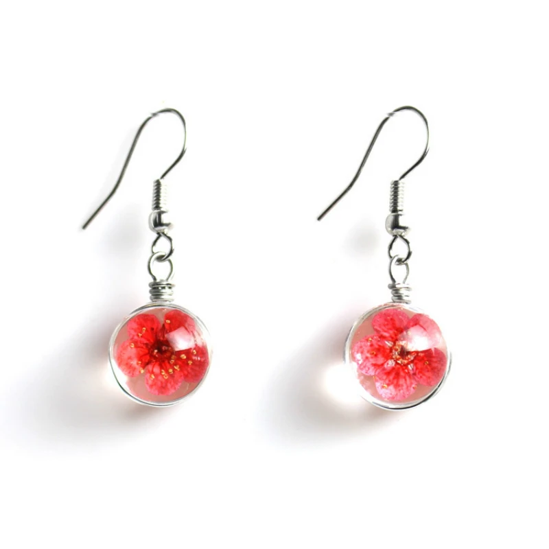 Fashion Transparent Glass Round Handmade Dried Flower Sakura Drop Earrings Metal Pothook for Women Jewelry