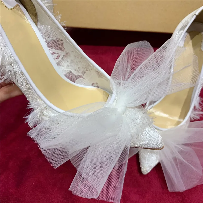 Mesh Butterfly-knot Thin High Heels Pumps Women Romantic Lace Fringe Chaussures Femme Party Wedding Single Shoes Woman White - Цвет: white 6.5