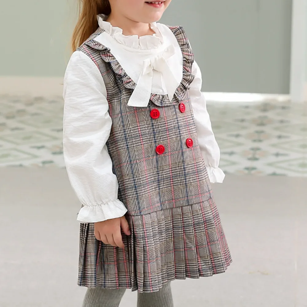 Dress1-7T для маленьких девочек Милая одежда для маленьких девочек милое платье принцессы в клетку с фальшивым принтом, длинный рукав до