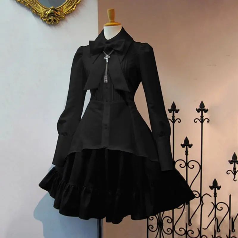 Элегантное женское черное готическое вечернее платье в стиле "Лолита", большой размер, воротник с бантом, плиссированное, на шнуровке, готическое винтажное белое шикарное платье
