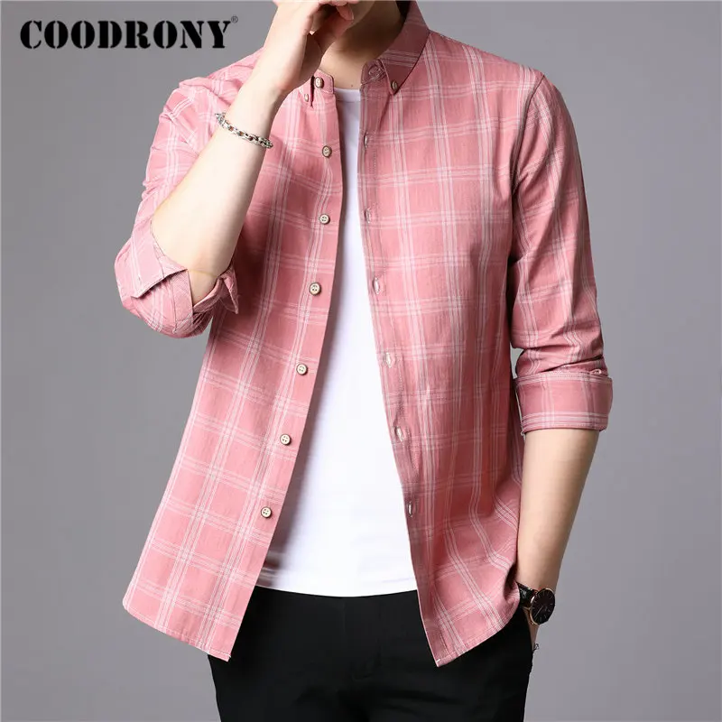Красный Бренд COODRONY, мужская рубашка, Новое поступление, Осенние деловые повседневные рубашки с длинным рукавом, Хлопковая мужская рубашка в клетку, Camisa Masculina 96081 - Цвет: Красный