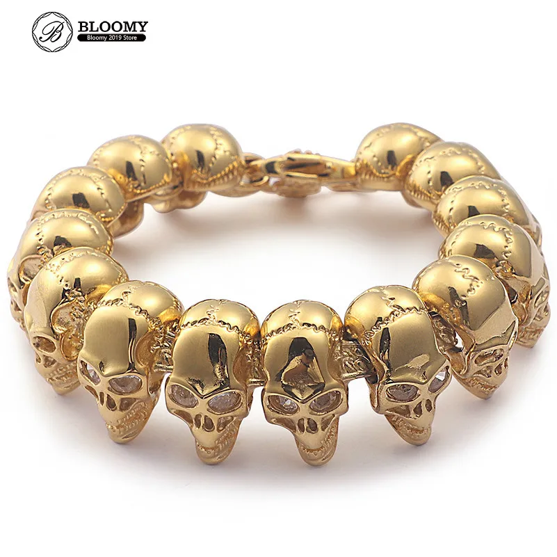 Золотой череп голова мужчины браслет из бисера мужской большой скелет браслеты для байкеров& браслеты панк рок ювелирные изделия из нержавеющей стали