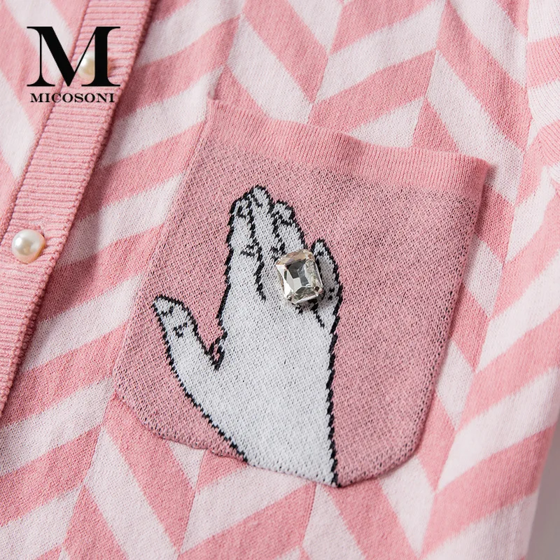 Высококачественный полосатый свитер с ручной вышивкой, розовый, синий, с коротким рукавом, с жемчугом, с одним рукавом, хлопок, шерсть, женский кардиган, S-L