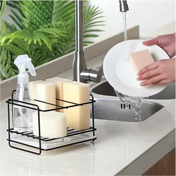 

Stainless Steel Drainer Kitchen Draining Organizer with Sponge Support Tray Various Storage Media Basket Sink Holder Rack