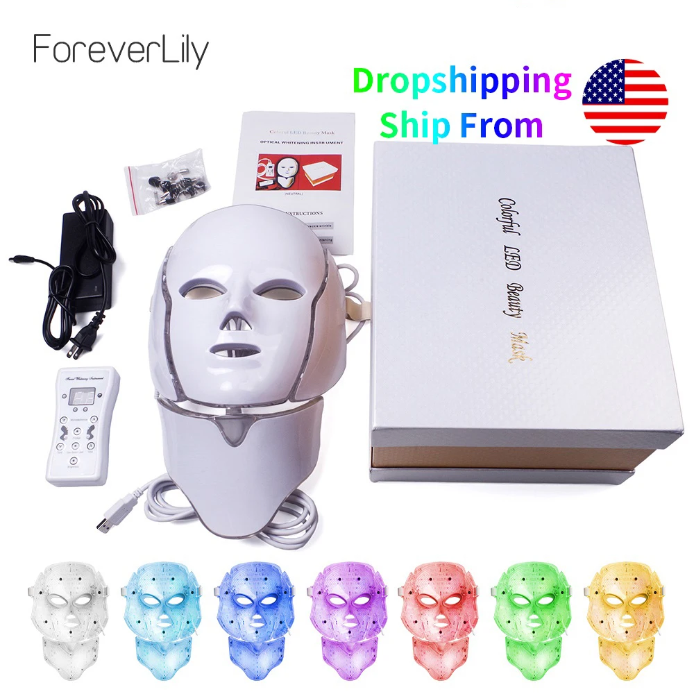Baratos Para siempre lirio 7 colores Led máscara Facial Led coreano terapia de fotones máscara Facial máquina terapia de luz acné máscara cuello belleza Led máscara