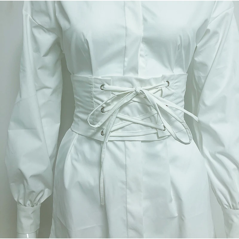 NewAsia White Shirt Dress Women Long Lantern Sleeve Turn-down Collar Casual Dress With Corset Belt Sexy Office Ladies Clothing