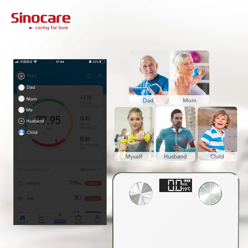 Sinocare Smart Weight Scale Body Fat Scale Bluetooth 4.0 Floor Body Fat Monitor Balance Test 8 Body Date BMI Health LED Display