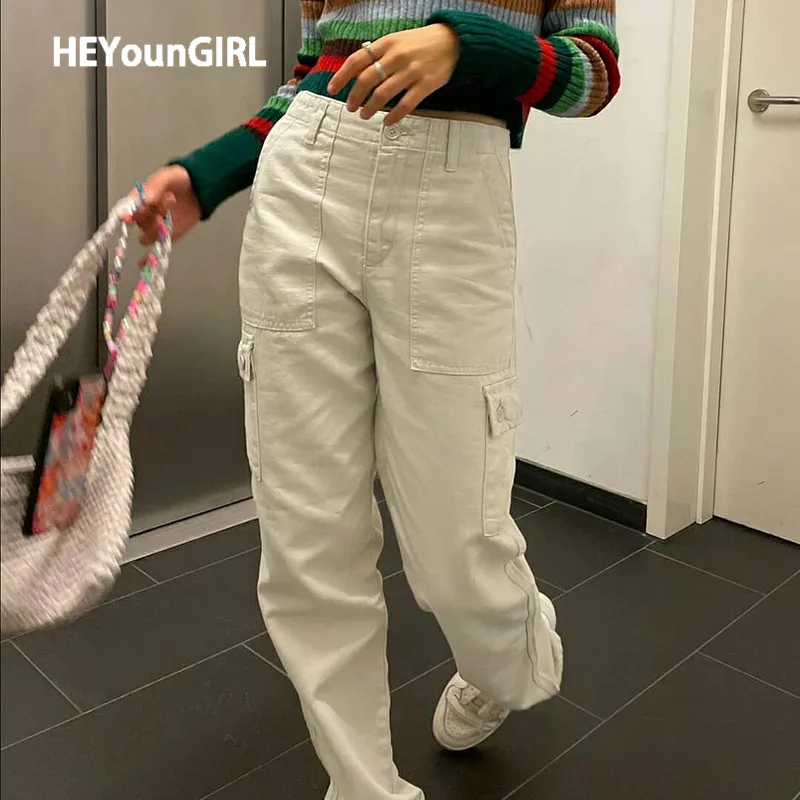 Повседневные джинсовые брюки HEYounGIRL цвета хаки с высокой талией женские