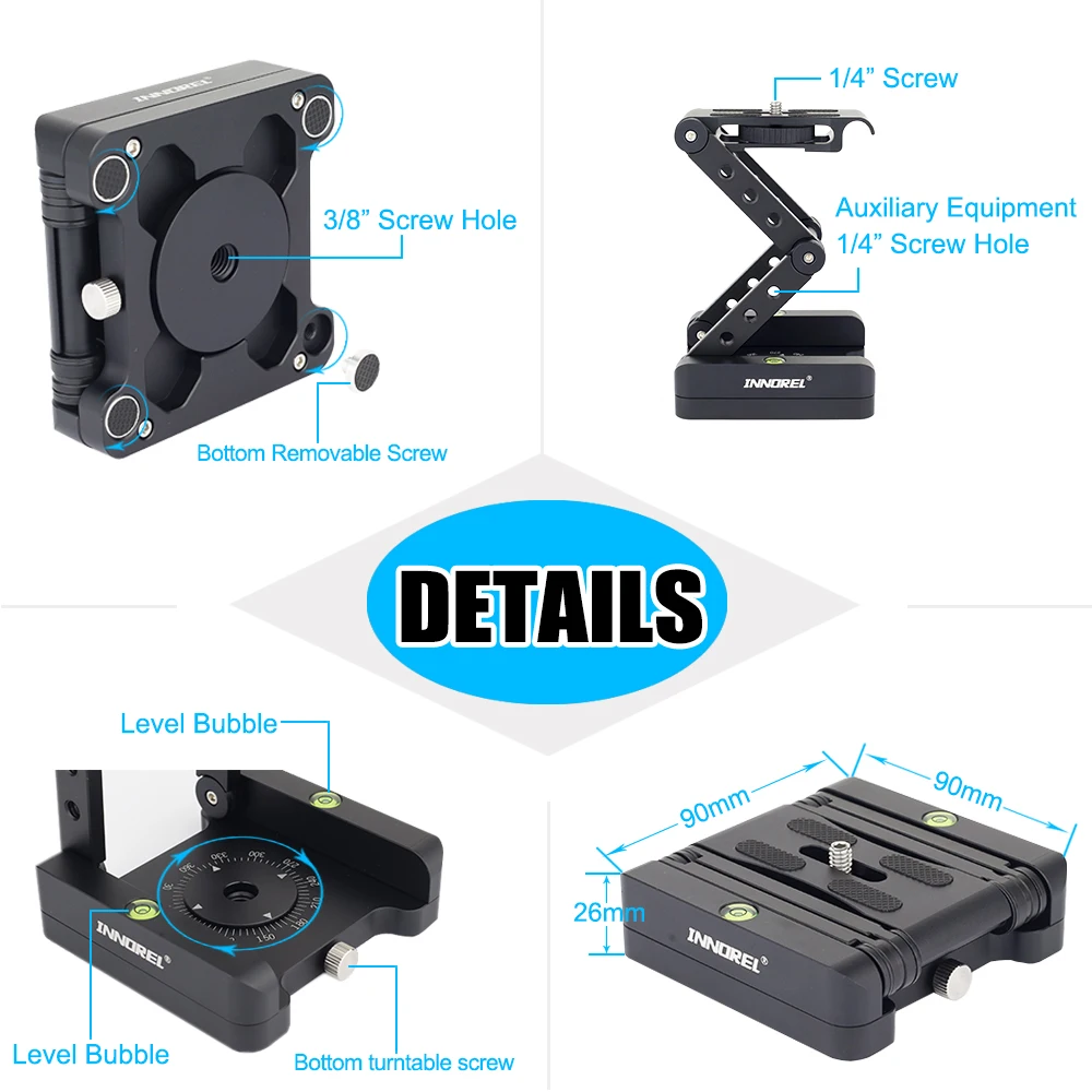 INNOREL MH5 foldable tripod head Z-shaped quick release plate can be rotated Vertical tilt Photogra