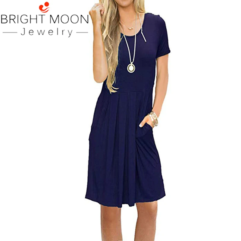 

Bright Moon Fashion Loose Beach Wind Dresses Round-collar Short-sleeved Dresses Pure Colored Belt Pocket Dresses For Women