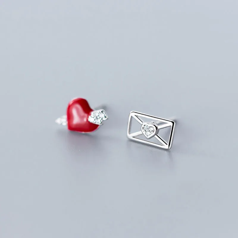 

MloveAcc CZ Red Heart Love Envolope Stud Earrings for Women 925 Sterling Silver Earrings Wedding Fashion Jewelry