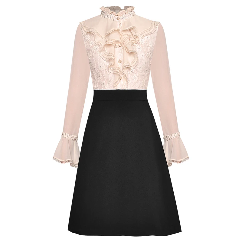 Newest High Quality 2021 Fashion Runway Dress Women's Flare Sleeve Lace Patchwork Ruffle Dress
