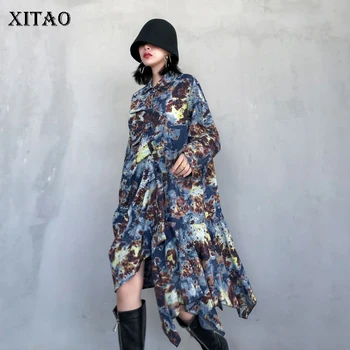

XITAO Tide Brand Women Dress 2020 New Early Spring Creased Mid-length Dresses Plus Size Niche Streetwear Long Sleeve XJ3866