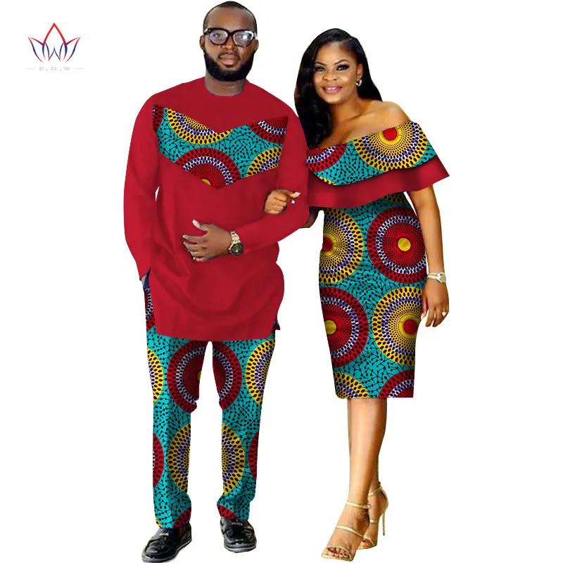 Африканский Дашики принт Пара Одежда для влюбленных комплект из двух предметов мужской костюм плюс женские с рюшами рукав облегающее платье 6XL WYQ62 - Цвет: 2