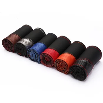 

Car Steering Wheel Cover With Needles and Thread Carbon fiber leather color-matching hand-stitched Braid On Steering Wheel cover
