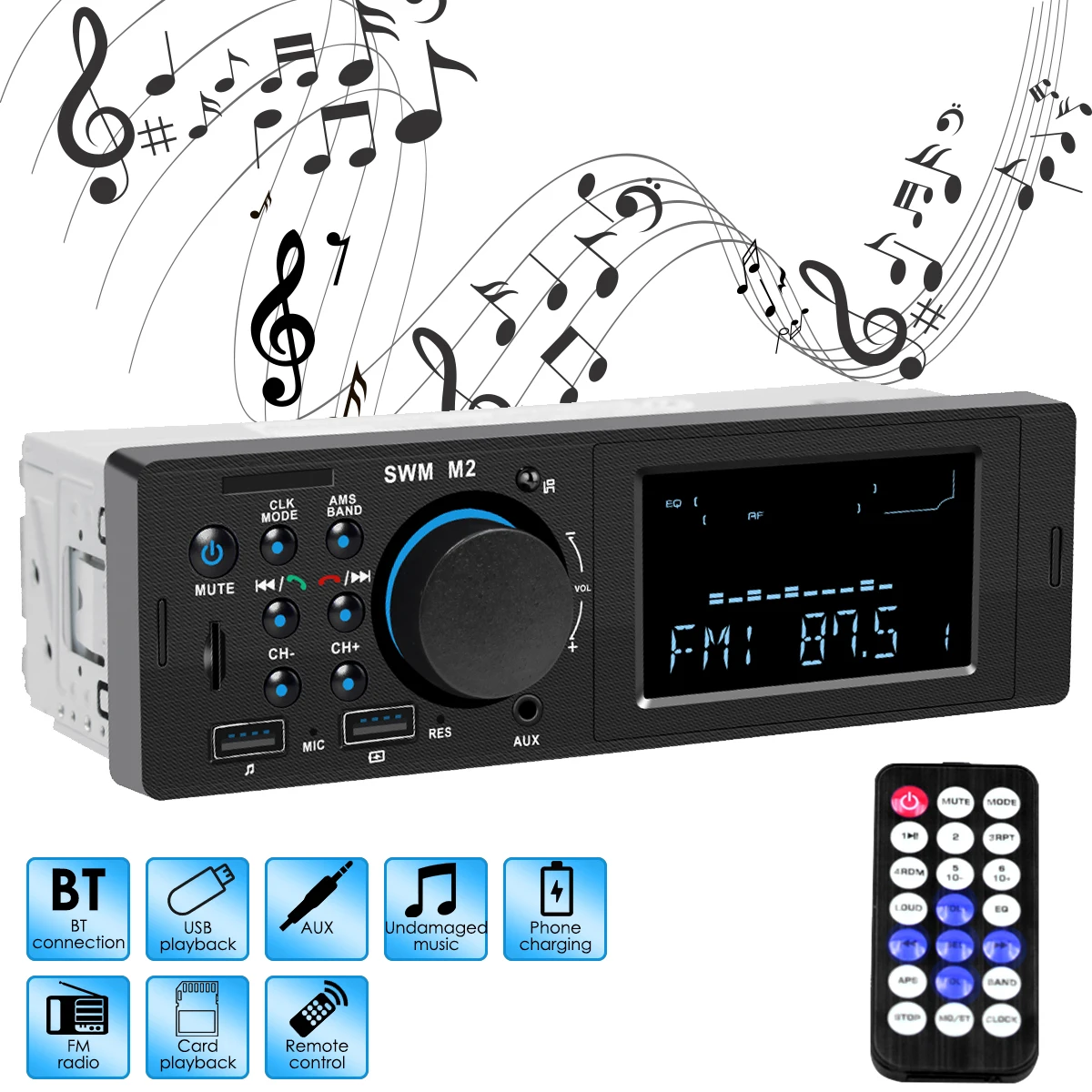 Автомобильный MP3-плеер BT стерео музыкальный плеер mp3 AUX в-тире головное устройство MP3-плееры fm-радио с кабелем питания