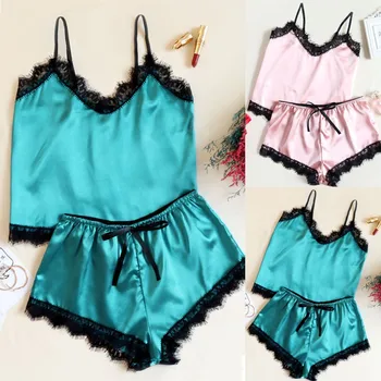 

Women Satin Camisole Shorts Pajamas Set Lace Trim Sexy Slips Strap Sleepwear Nightie Sexy Lingerie Pyjama Casual Pijama Homewear