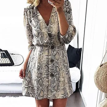 

B Women Summer Dresses Snakeskin Printed Dress Sexy V-Neck Button Snake Print Party Dresses Vintage Half Sleeve Mini Dress*
