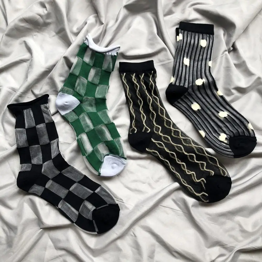 

Brand 2020 New Summer Socks Women Nylon Geometry Cool Socks For Woman Harajuku Street Female Glass Filament Ultrathin Sheer Sock