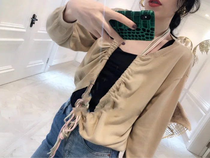 [EWQ] корейская модная одежда с круглым вырезом и коротким шнурком; Повседневная Дамский вязаный свитер с длинными рукавами; Новинка года; осень; QK752