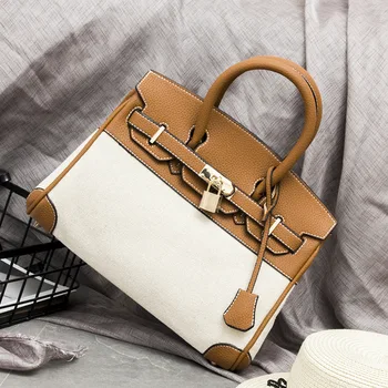 

New Genuine Leather Women 's Bag Top Layer Cowhide with Canvas Fashion Messenger Bag Contrasting Color Handbag Shoulder Bag