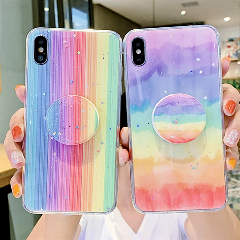 

Cute Colorful Glitter Rainbow Phone Case For iPhone 11Pro MAX 7 6 8Plus X Xr Xs Max Soft Silicone Bling Stars Stand Holder Cover