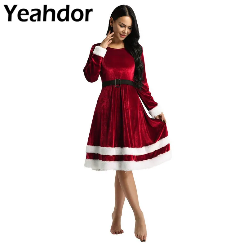 Женский мягкий бархатный Рождественский костюм Санта Клауса с круглым вырезом и