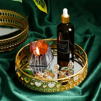 

SIMPLE HOLLOW METAL GLASS MIRROR TRAY HOME ORNAMENTS HOME GOLDEN LUXURY COSMETICS DISPLAY JEWELRY BOX TEA CUP FOOD STORAGE TRAY