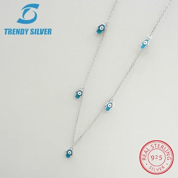 

Real 925 Sterling Silver Necklace Choker 45cm evil turkish blue eyes for Women Jewelry fashion tear pearl shape gold