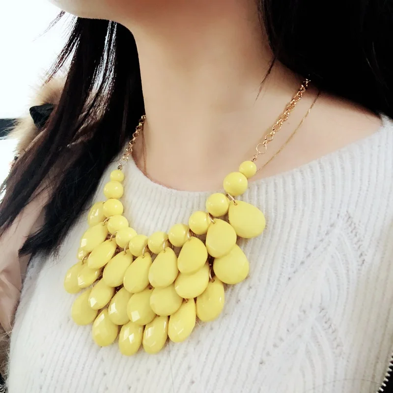 Europe And America Multi-color Water Droplet Surface Cutting Beads Necklace Short Necklace Hand-woven Fan-shaped Resin Necklace