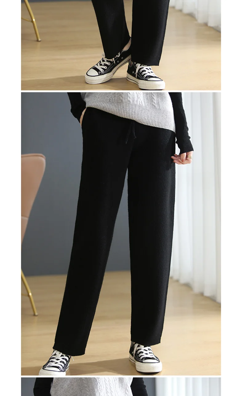 black pants Autumn And Winter 100 Pure Wool Casual Women's Knit Straight Leg Slimming Sweatpants Drawstring To Keep Warm And Fashionable capris women