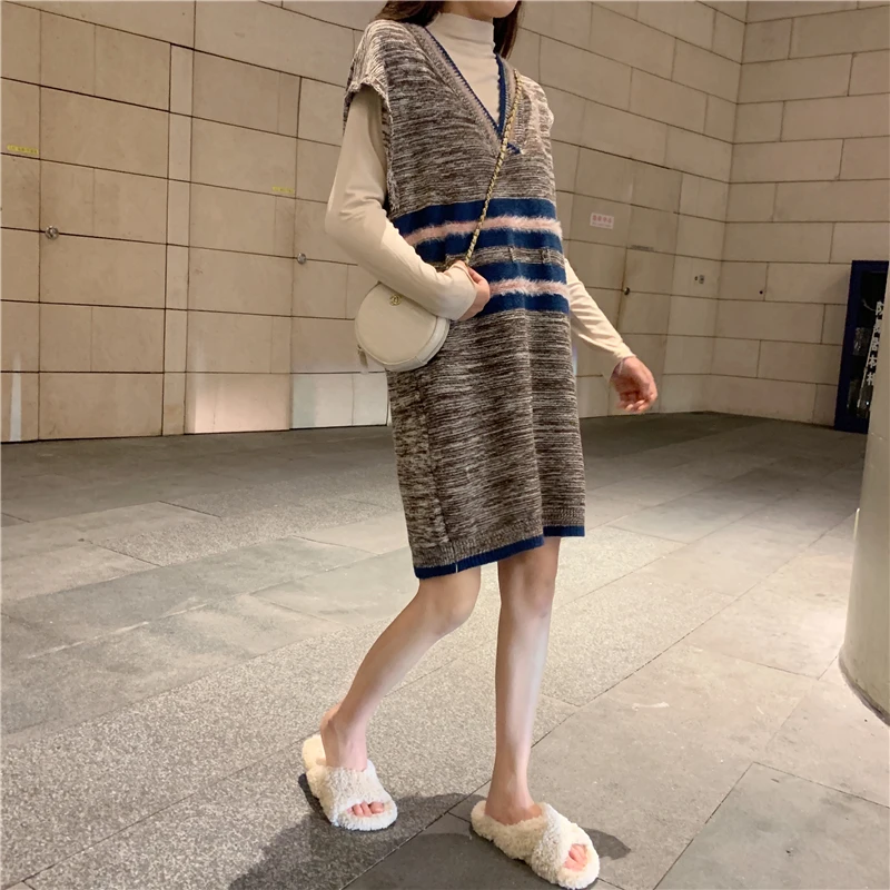 dress GCC2792 XITAO, вязаное платье в полоску, женская мода, новинка, без рукавов, свободное, элегантное, маленькое, свежее, v-образный вырез, миноритарное, Повседневное платье, GCC2792 - Цвет: dress GCC2792