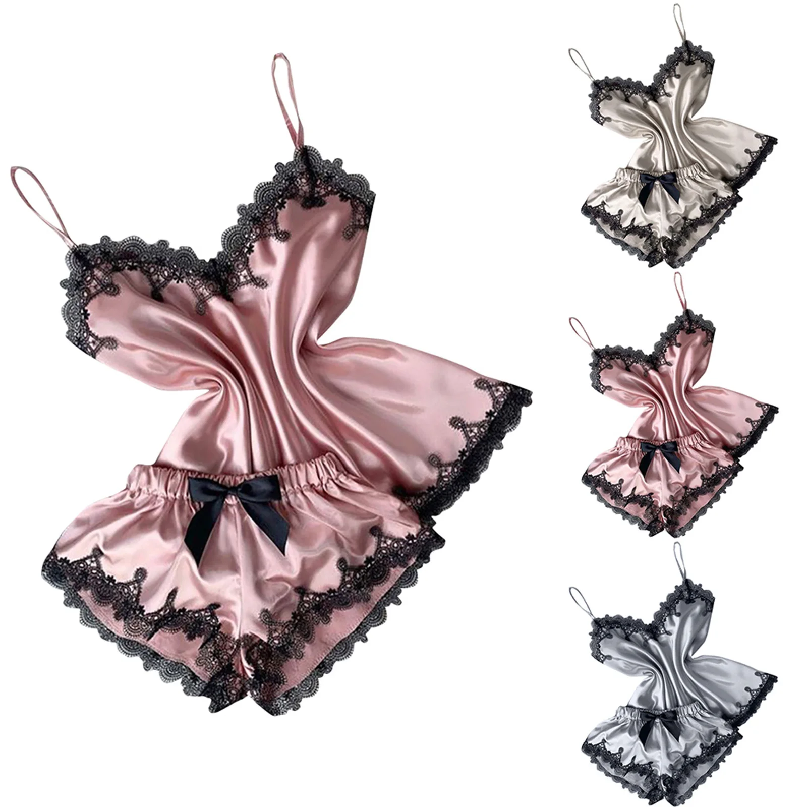 

MY Women Sexy Two-piece Nightwear Set, V-neck Lace Trim Suspender Top + Shorts, Pink/ Apricot/ Grey