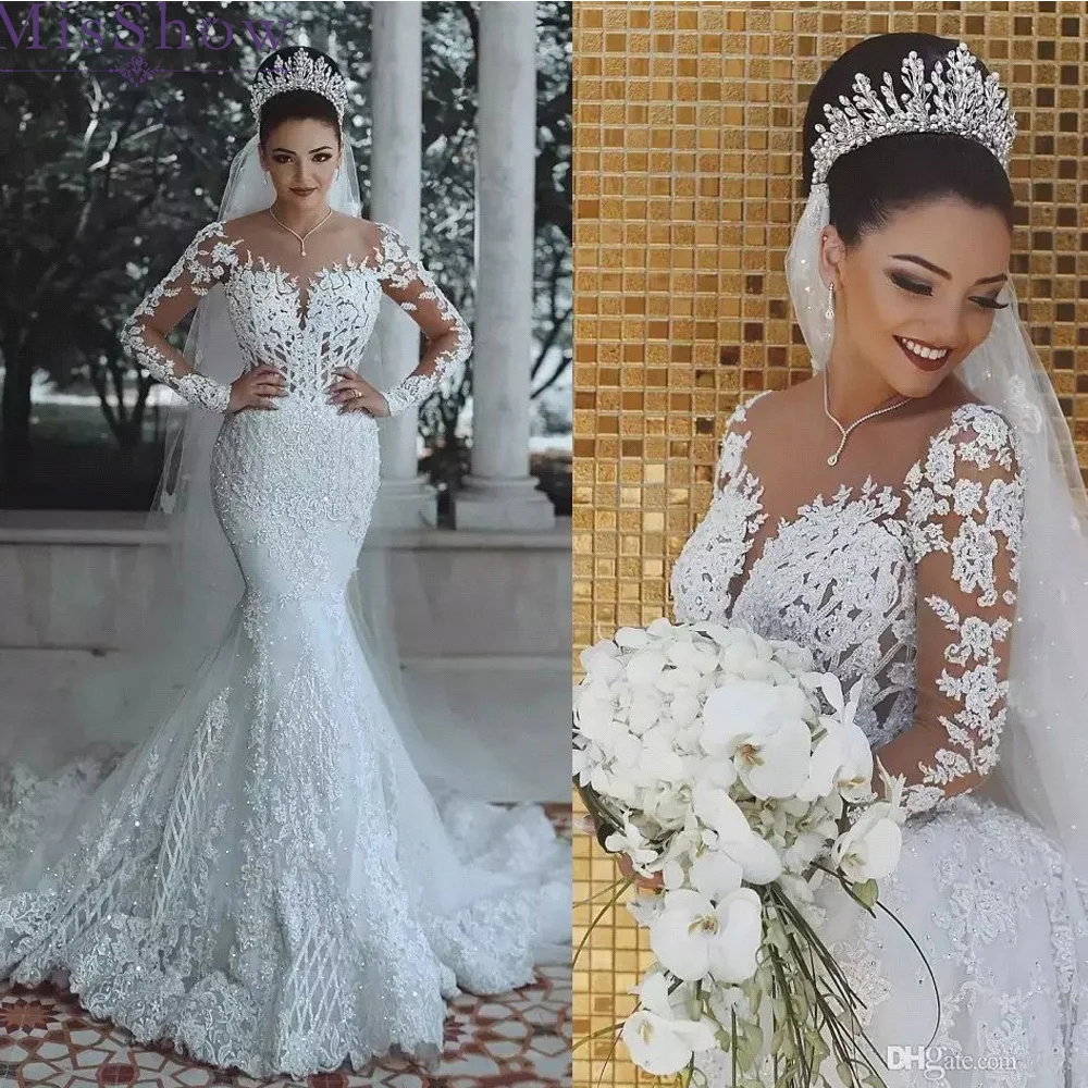 Великолепное свадебное платье русалки с длинным рукавом Vestidos de novia винтажное кружевное свадебное платье с глубоким вырезом тонкие свадебные платья