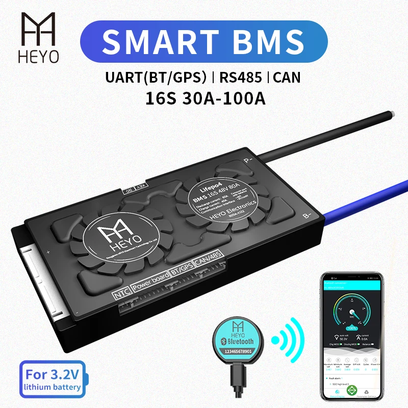 HEYO Smart BMS LiFePO4 Lipo 16S 48V 30A 40A 60A 80A 100A Bluetooth приложение GPS UART RS485 CAN USB устройство NTC