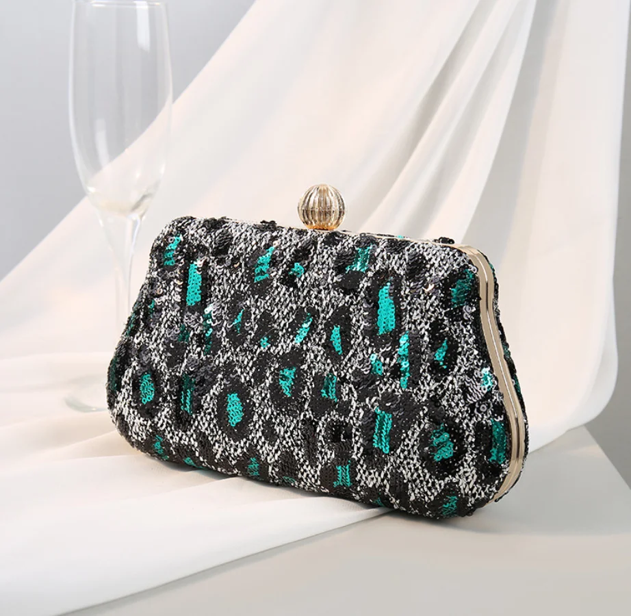 Luxy Moon Green Leopard Print Clutch Bag With Chain Front View