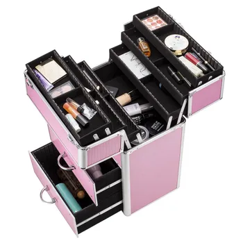 

4 in 1 Makeup Train Case Professional Makeup Storage Adjustable 4 Tier Lockable Cosmetic Case Organizer Box with Extendable Tray