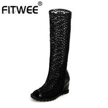 Fitweeразмер 34-43, пикантные женские летние сапоги до колена сапоги на танкетке с открытым носком и кружевом модная Клубная обувь для вечеринок женская мягкая обувь