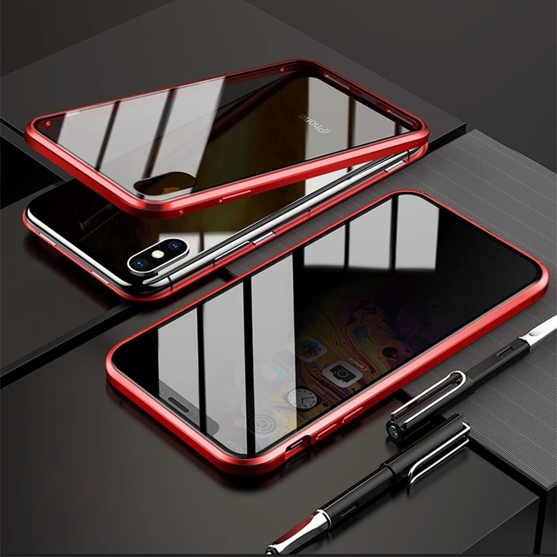 Магнитные поглощающие флип-Чехлы для iPhone 6 7 8 Plus X XR XS Max, задняя крышка для телефона, металлическое стекло для iPhone X XR XS Max, чехол - Цвет: Red Double Glass