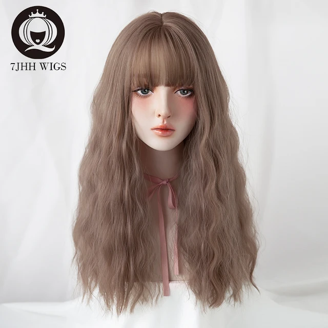 7JHH WIGS Blue Deep Wave Wig With Bangs For Women Long Omber Brown Hair Layered Heat Resistant Cosplay Party Synthetic Wig QP-608-612-R