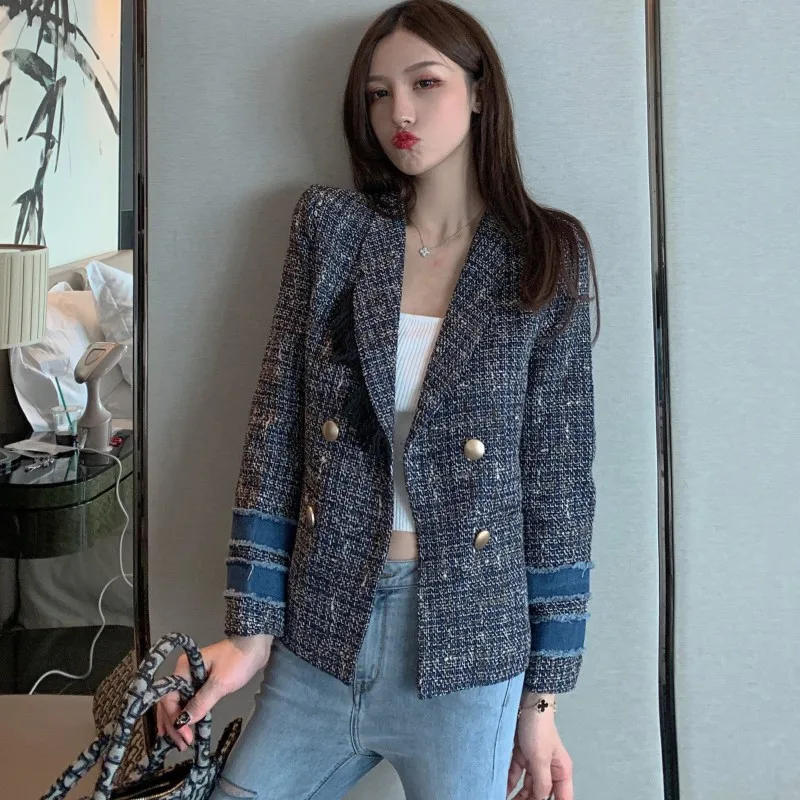 price reduction  2019 Autumn Runway Jacket Coat Patchwork Denim Tweed Jacket For Women Turn Down Collar Vintage doub