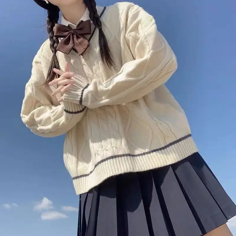 

Winter Lolita Preppy Style Women's V-neck Cross Jumper Sweater Cute Fashion Warmth Loose Knitwear Young Kawaii Top 2 Colors