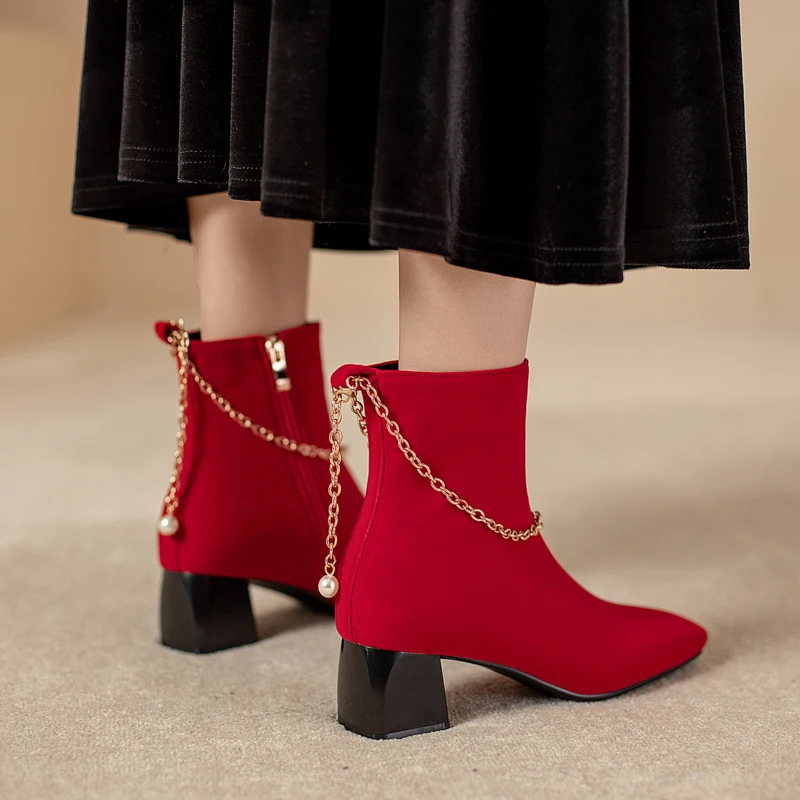 

Fashion Women Boots Casual Flock Square High Heels Autumn Shoes Woman Pointed Toe chain Rubber Ankle Boots Zapatos Mujer31 32 40