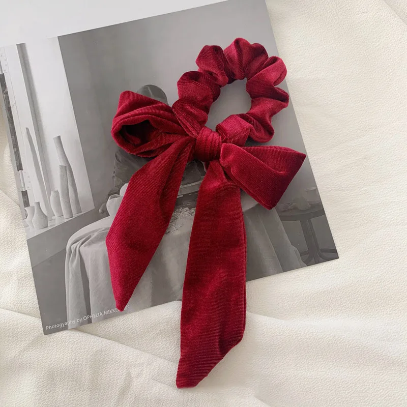 Korean Winter New Velvet Cloth Big Bow Elastic Hair Bands For Women Hair Tools Ponytail Hold Scrunchies - Color: wine red