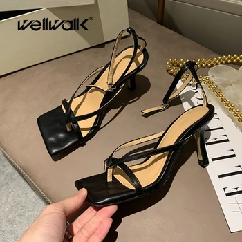

Ankle Straps Heel Slippers Women Dress Sandals High Heels Female Fashion Dress Shoes Square Toe Ladies Luxury Brand Flip Flops