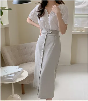 

new Girls Summer blouse women suit white shirt short sleeves Tops high waist long A Line skirts two piece suits Sell separately