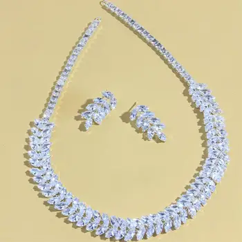

GLAMing Gold Fashion Earrings And Necklace Jewelry Set for Women Leaf Cubic Zirconia Bridal jewelry Set Wedding Silver Plated